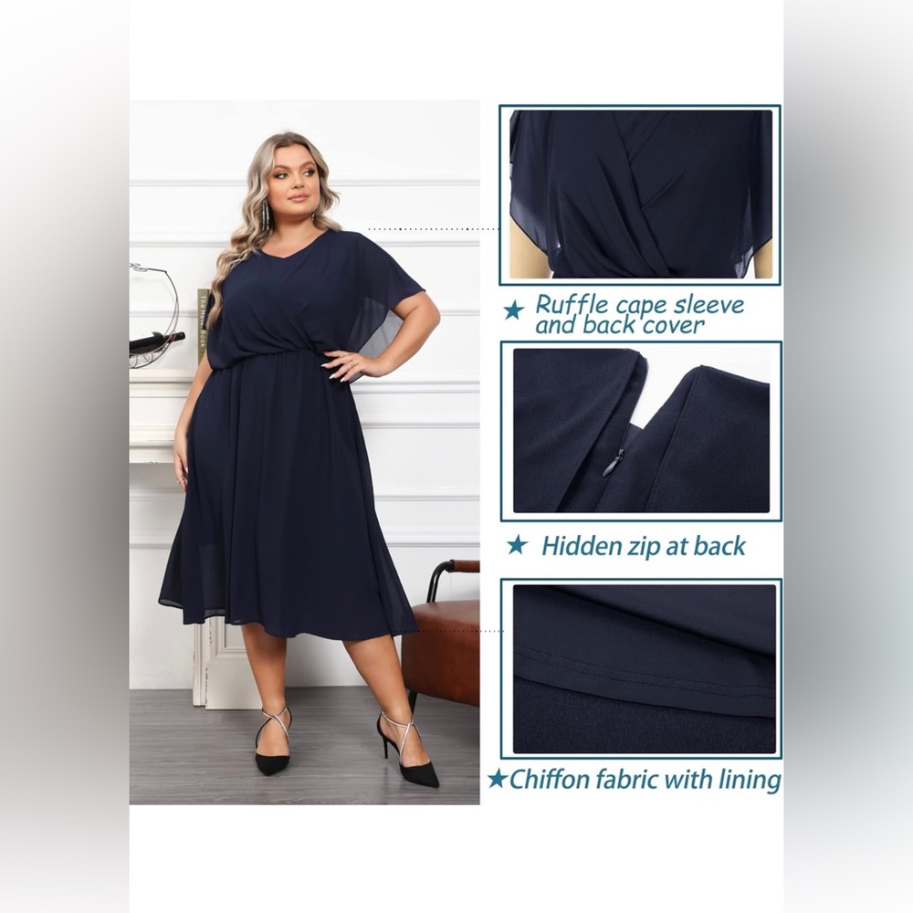 Plus Size Navy V-Neck Chiffon Midi Dress - Picture 3 of 8